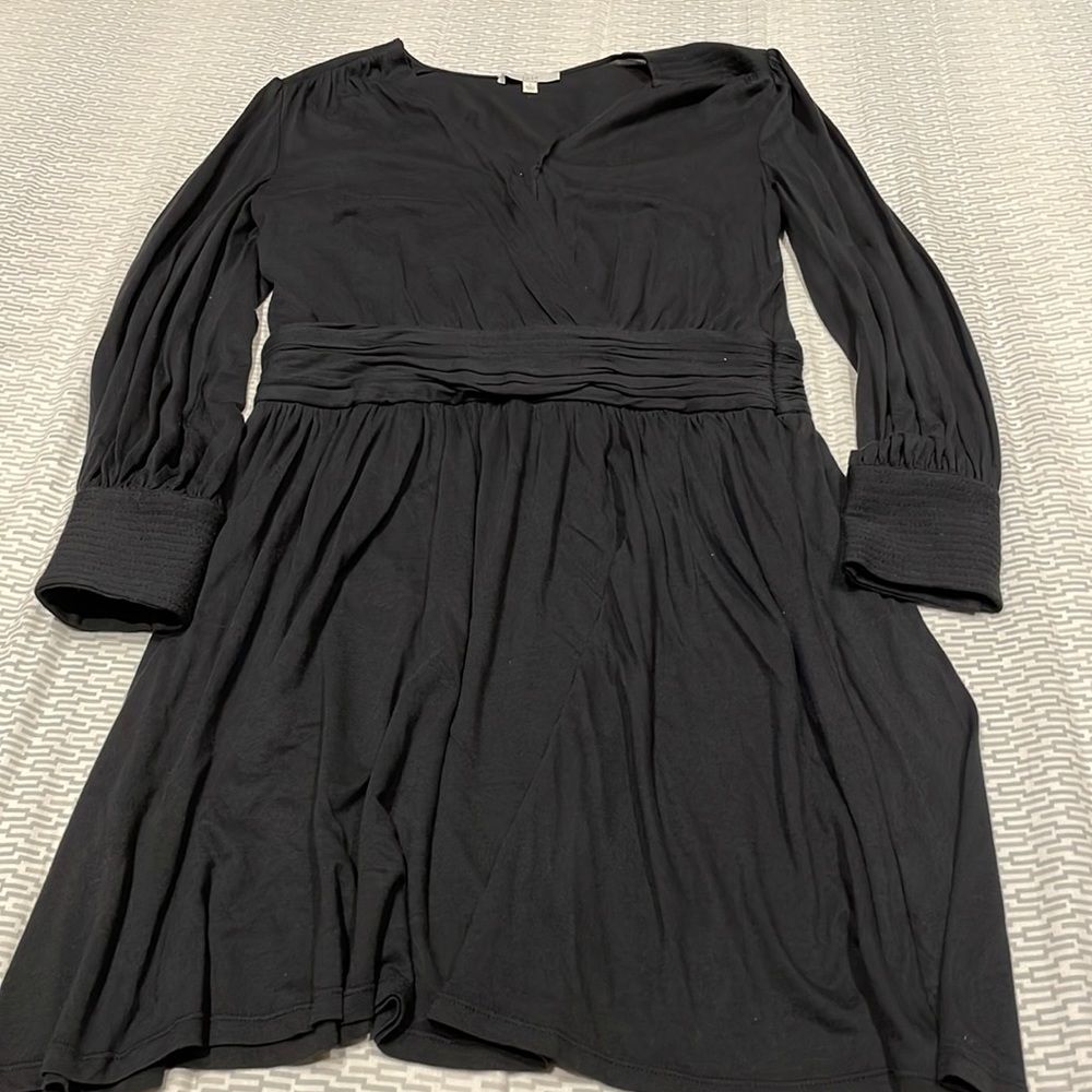 Joie Black A-Line Dress with V-Neck and Bishop Sleeves